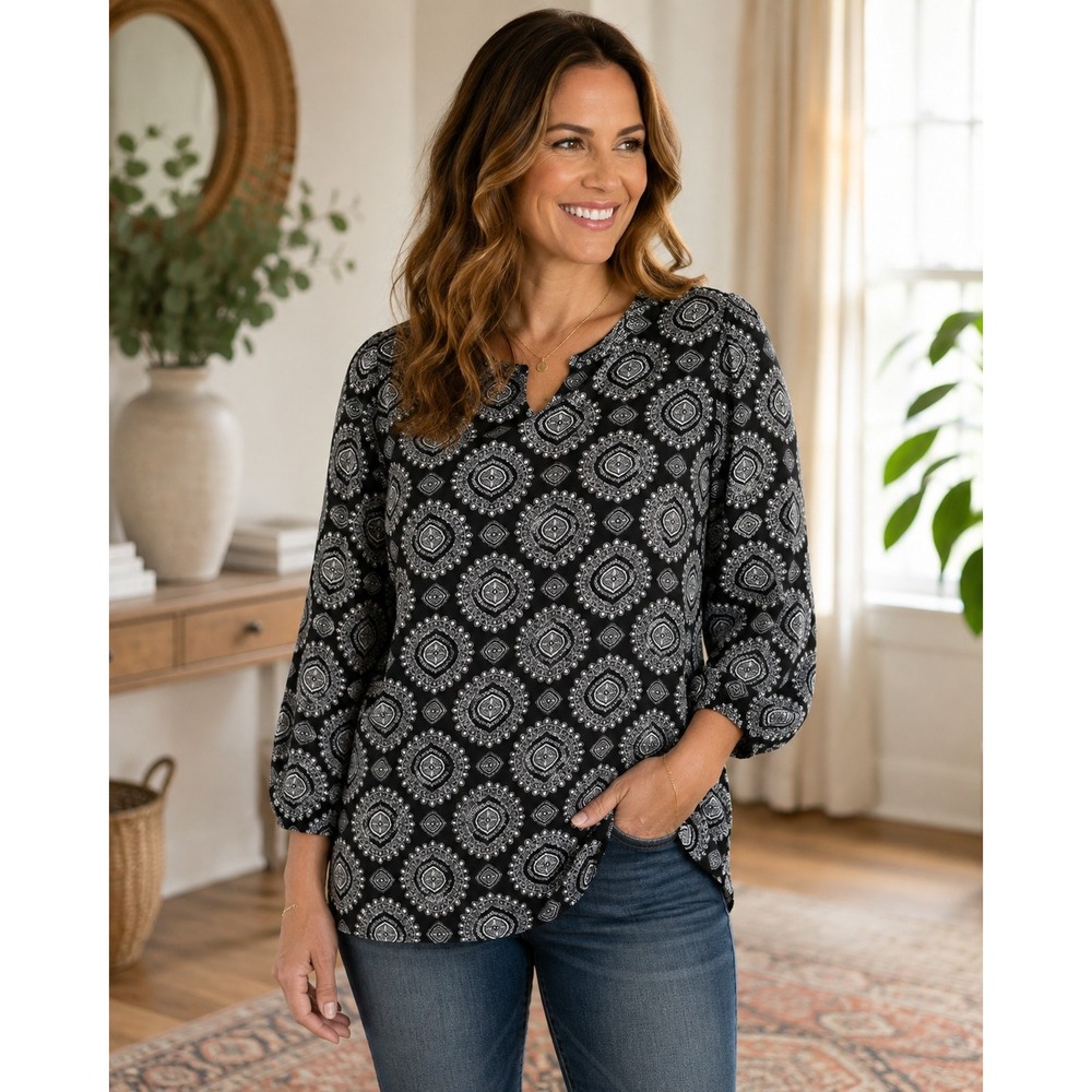 LOFT Women Small Medallion Print Blouse 3/4 Sleeve Semi-sheer Boho Career Casual